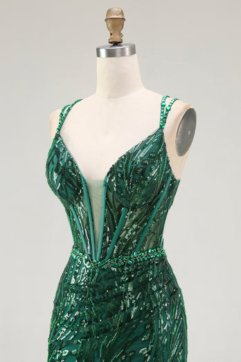 Sparkly Dark Green Tight Sequins Ruched Short Corset Homcoming Dress