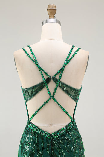 Sparkly Dark Green Tight Sequins Ruched Short Corset Homcoming Dress