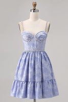 Load image into Gallery viewer, Sparkly Blue Jacquard A Line Pearls Short Homecoming Dress with Ruffles