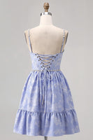 Load image into Gallery viewer, Sparkly Blue Jacquard A Line Pearls Short Homecoming Dress with Ruffles
