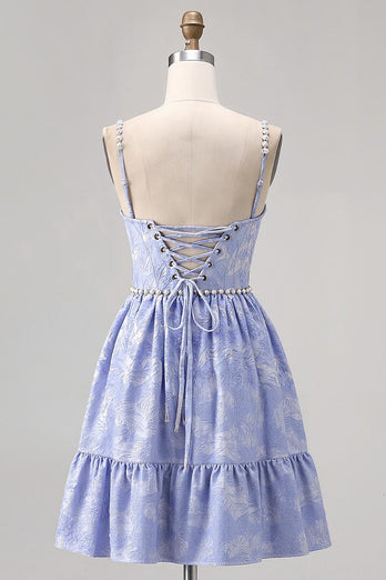 Sparkly Blue Jacquard A Line Pearls Short Homecoming Dress with Ruffles