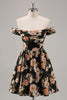 Load image into Gallery viewer, Sparkly Floral Black Off the Shoulder A Line Short Homecoming Dress