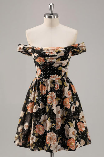 Sparkly Floral Black Off the Shoulder A Line Short Homecoming Dress