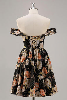 Sparkly Floral Black Off the Shoulder A Line Short Homecoming Dress