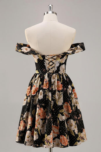 Sparkly Floral Black Off the Shoulder A Line Short Homecoming Dress