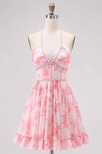 Sparkly Floral Pink A Line Halter Pearls Short Corset Homecoming Dress