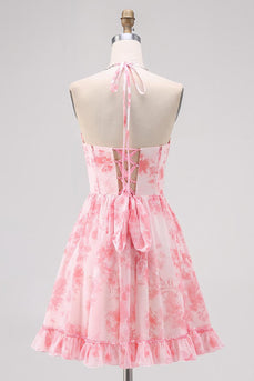 Sparkly Floral Pink A Line Halter Pearls Short Corset Homecoming Dress