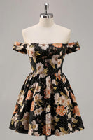 Load image into Gallery viewer, Sparkly Floral Black A Line Off The Shoulder Short Homecoming Dress