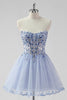 Load image into Gallery viewer, Sparkly Lavender A Line Tulle Strapless Short Corset Homecoming Dress