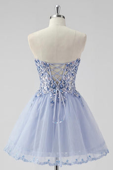 Sparkly Lavender A Line Tulle Strapless Short Corset Homecoming Dress