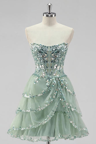 Sparkly Dusty Sage A Line Tiered Strapless Short Homecoming Dress