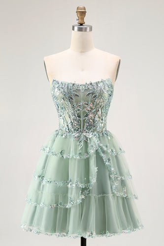 Sparkly Dusty Sage A Line Tiered Strapless Short Homecoming Dress