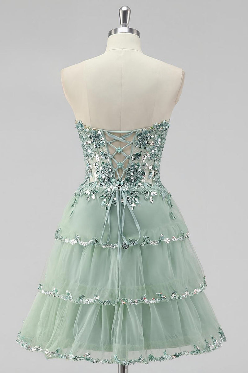 Load image into Gallery viewer, Sparkly Dusty Sage A Line Tiered Strapless Short Homecoming Dress