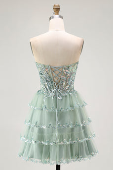 Sparkly Dusty Sage A Line Tiered Strapless Short Homecoming Dress