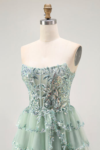 Sparkly Dusty Sage A Line Tiered Strapless Short Homecoming Dress