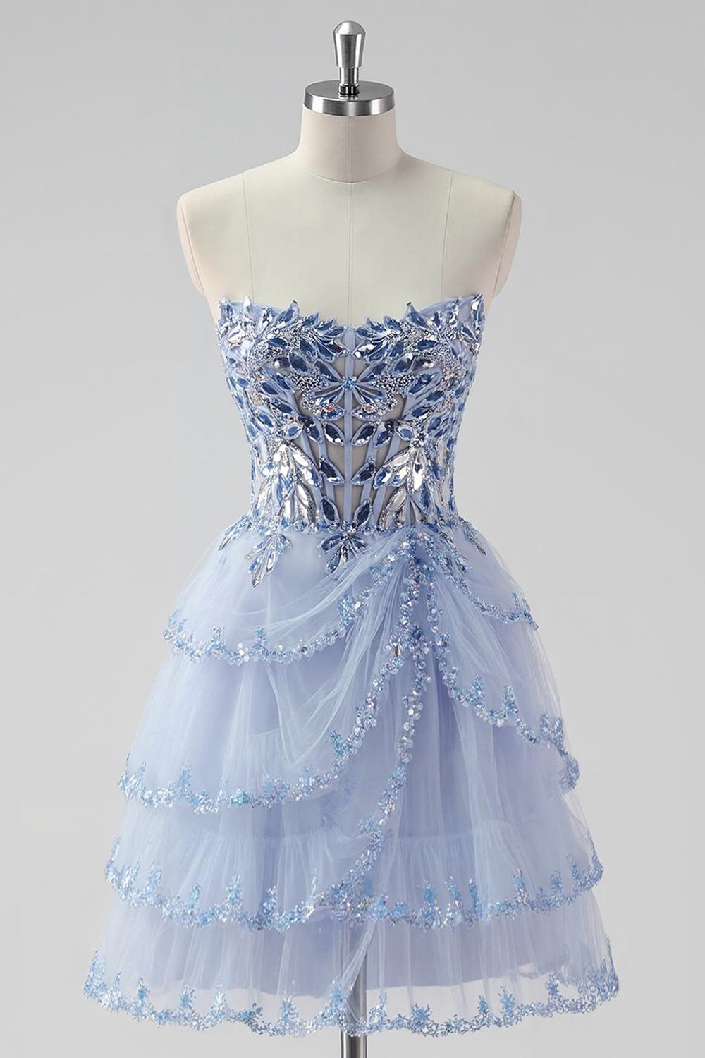 Sparkly Lavender A Line Tiered Strapless Short Corset Homecoming Dress
