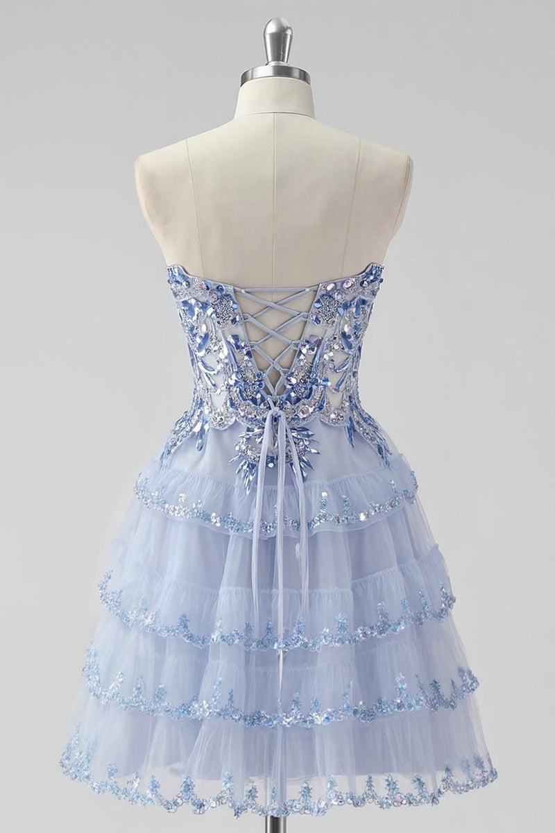 Load image into Gallery viewer, Sparkly Lavender A Line Tiered Strapless Short Corset Homecoming Dress