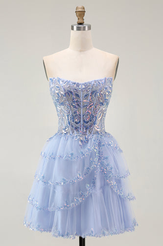 Sparkly Lavender A Line Tiered Strapless Short Corset Homecoming Dress