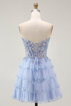 Sparkly Lavender A Line Tiered Strapless Short Corset Homecoming Dress