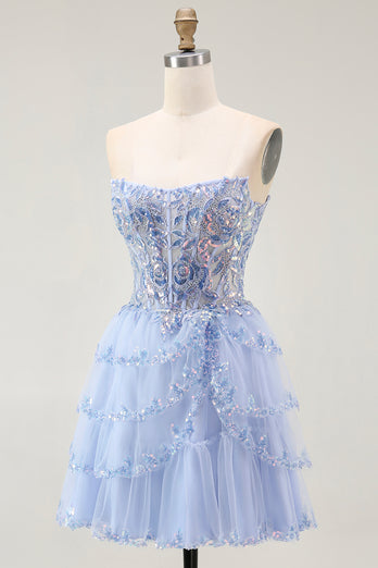 Sparkly Lavender A Line Tiered Strapless Short Corset Homecoming Dress