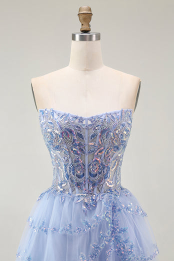Sparkly Lavender A Line Tiered Strapless Short Corset Homecoming Dress