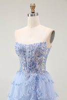 Load image into Gallery viewer, Sparkly Lavender A Line Tiered Strapless Short Corset Homecoming Dress