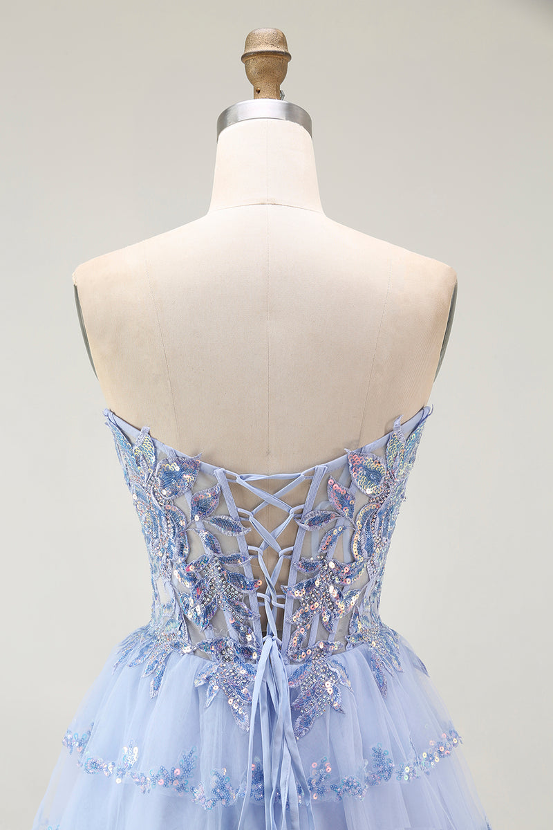 Load image into Gallery viewer, Sparkly Lavender A Line Tiered Strapless Short Corset Homecoming Dress