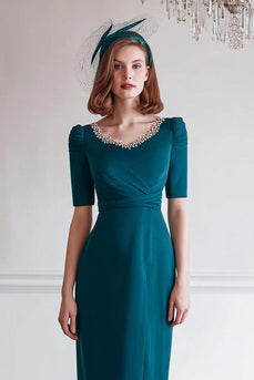 Sparkly Peacock Blue Pencil Round Neck Midi Mother of the Bride Dress with Slit