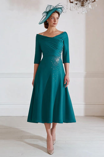 Sparkly Peacock Green Satin A Line Midi Mother of the Bride Dress with Beading