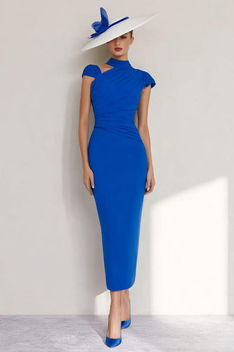 Royal Blue Chiffon Sheath High Neck Long Mother of the Bride Dress