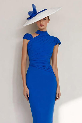 Royal Blue Chiffon Sheath High Neck Long Mother of the Bride Dress