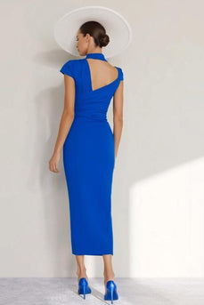 Royal Blue Chiffon Sheath High Neck Long Mother of the Bride Dress