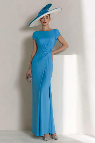 Blue Sheath Boat Neck Ruched Long Mother of the Bride Dress with Sleeves