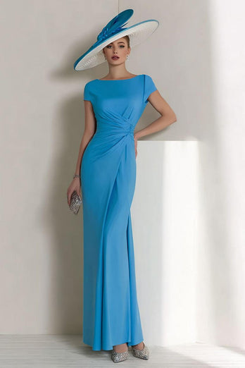 Blue Sheath Boat Neck Ruched Long Mother of the Bride Dress with Sleeves