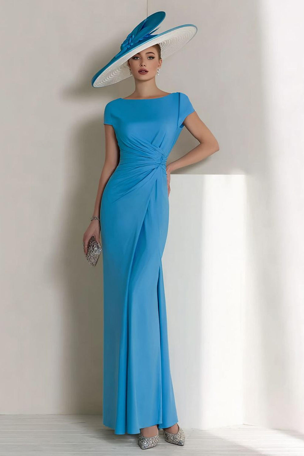 Blue Sheath Boat Neck Ruched Long Mother of the Bride Dress with Sleeves