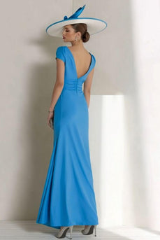 Blue Sheath Boat Neck Ruched Long Mother of the Bride Dress with Sleeves