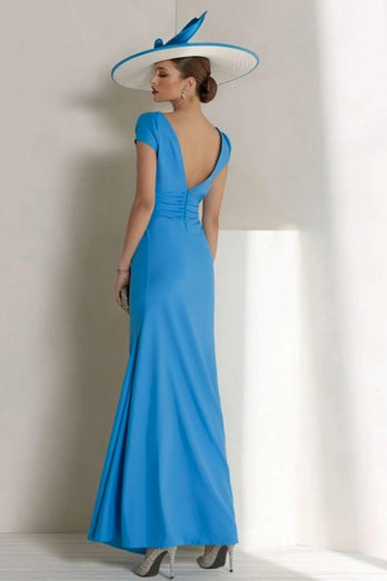 Blue Sheath Boat Neck Ruched Long Mother of the Bride Dress with Sleeves