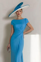Load image into Gallery viewer, Blue Sheath Boat Neck Ruched Long Mother of the Bride Dress with Sleeves