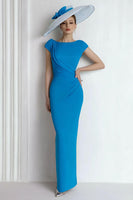 Load image into Gallery viewer, Blue Sheath Chiffon Boat Neck Long Mother of the Bride Dress with Sleeves