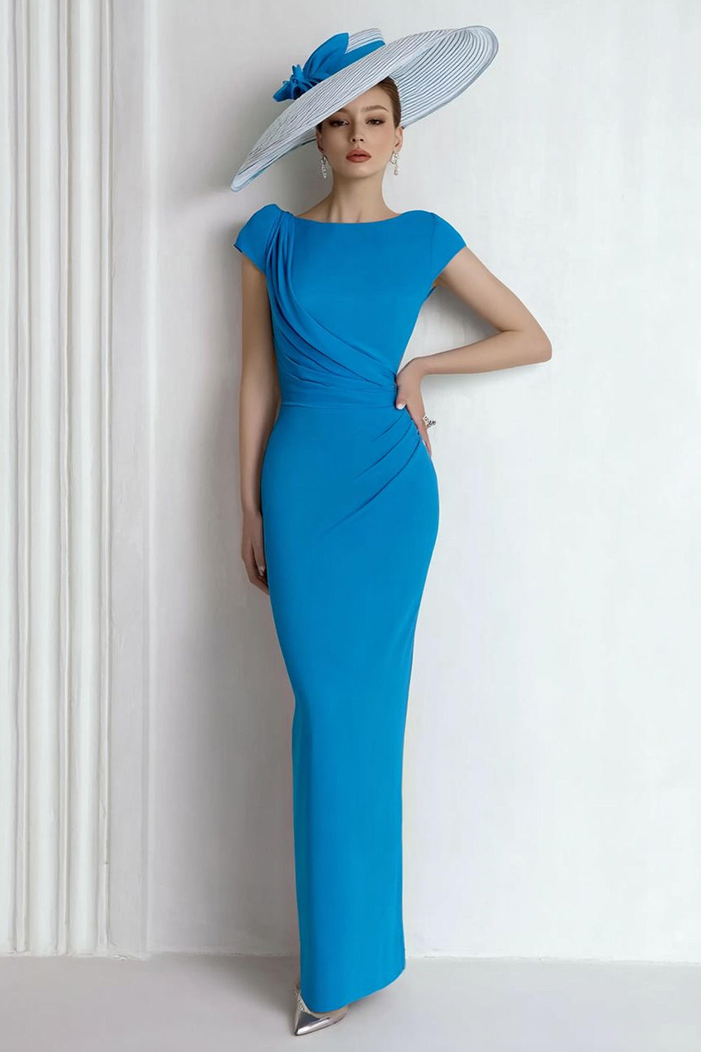 Blue Sheath Chiffon Boat Neck Long Mother of the Bride Dress with Sleeves