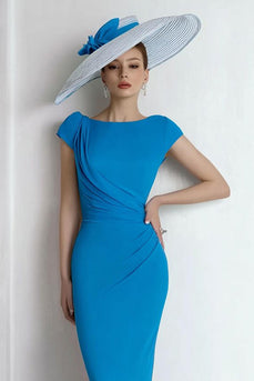 Blue Sheath Chiffon Boat Neck Long Mother of the Bride Dress with Sleeves