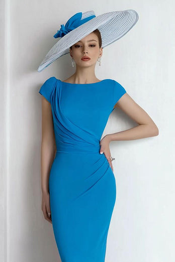 Blue Sheath Chiffon Boat Neck Long Mother of the Bride Dress with Sleeves