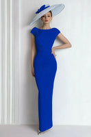 Load image into Gallery viewer, Blue Sheath Chiffon Boat Neck Long Mother of the Bride Dress with Sleeves