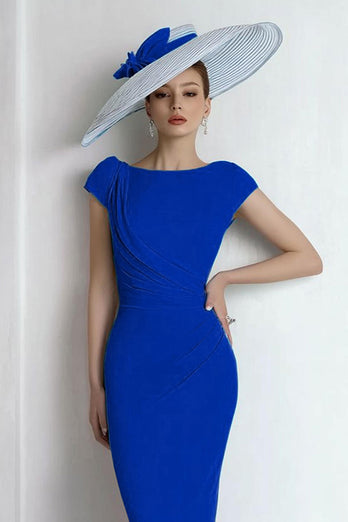 Blue Sheath Chiffon Boat Neck Long Mother of the Bride Dress with Sleeves