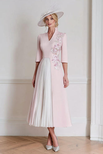 Floral Candy Pink A Line Appliqued Midi Mother of the Bride Dress with Sleeves