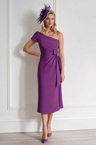 Grape Chiffon One Shoulder Ruched Midi Mother of the Bride Dress with Bow