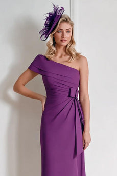 Grape Chiffon One Shoulder Ruched Midi Mother of the Bride Dress with Bow