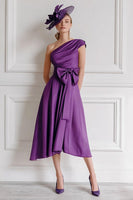 Load image into Gallery viewer, Grape A Line One Shoulder Ruched Midi Mother of the Bride Dress with Bow