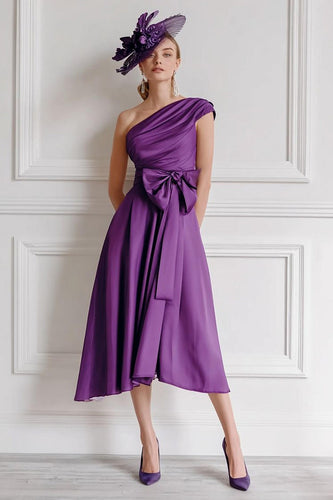 Grape A Line One Shoulder Ruched Midi Mother of the Bride Dress with Bow