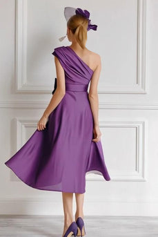 Grape A Line One Shoulder Ruched Midi Mother of the Bride Dress with Bow